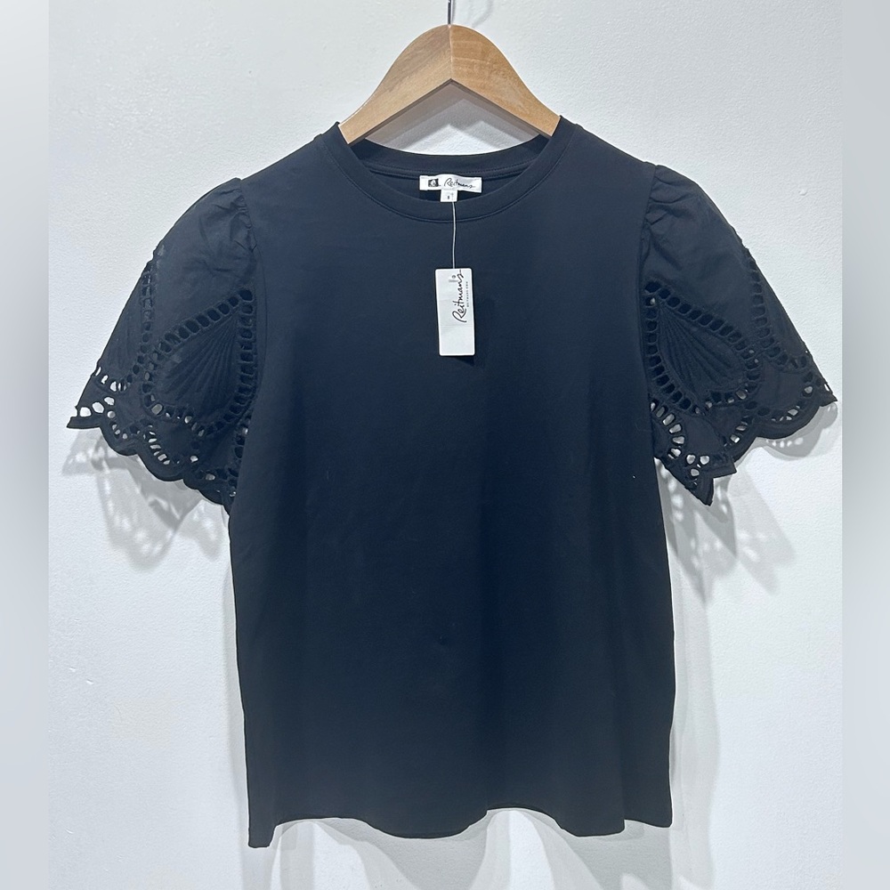 Reitmans 100% Cotton Black Eyelet Lace Puff Sleeve Top‎ Size Small NWT Blouse